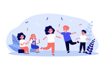Adorable cartoon children dancing. Girl playing maracas, boy singing, kid clapping flat vector illustration. Entertainment, performance, music concept for banner, website design or landing web page