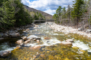 Bridge over the Lincoln Woods Trail in the White Mountains. Stream of the mountain river Pemigewasset with crystal clear water in the forest.