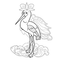 Contour linear illustration with bird for coloring book. Cute heron, anti stress picture. Line art design for adult or kids  in zentangle style and coloring page.