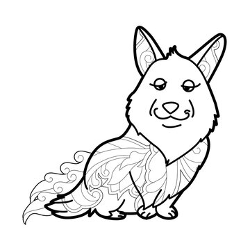 Contour linear illustration with animal for coloring book. Cute dog, anti stress picture. Line art design for adult or kids  in zentangle style and coloring page.