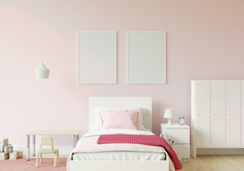 Bedroom with bed and picture frame mounted on the wall. 3d style.