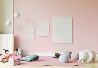 Playroom with dolls and picture frames.