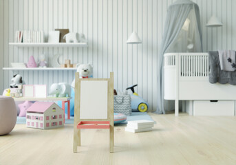 Playroom with dolls and picture frames.