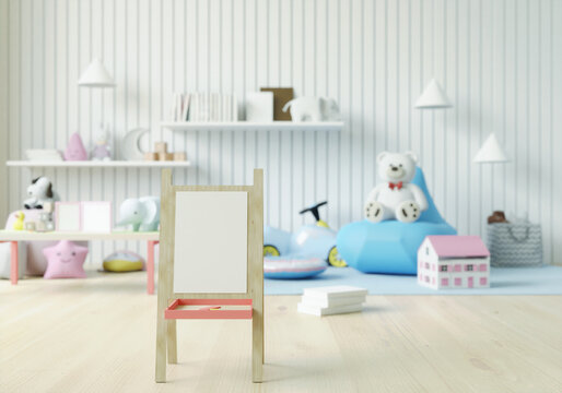 Playroom with dolls and picture frames.