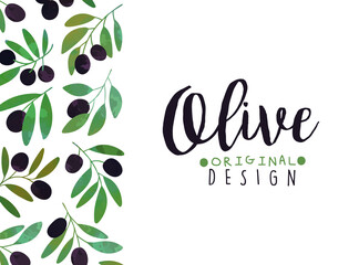 Promo Card with Olive Branch as Organic Product Vector Template