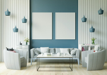 The living room is decorated with chairs, sofaand picture frames,.