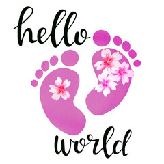 Hello world  baby shower design, baby girl silhouette with pink flowers.