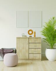 The living room is decorated with a storage table and picture frames, 3D style.
