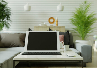 Office room with laptop on the table, 3D style.