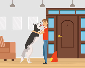 Man Pet Owner Coming Back with His Dog Licking His Face with Joy Vector Illustration