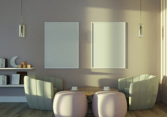 The living room is decorated with chairs, sofaand picture frames,.