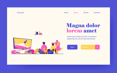 Kids watching TV with rocket on screen. Boys sitting on floor watching program on television, girl standing near and pointing. Child leisure, activity, home entertainment for kids concept