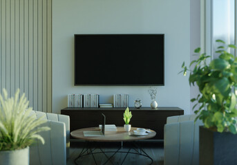 Obraz premium Furnished living room and wall mounted TV, 3D style.