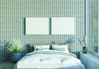 Bedroom with bed and picture frame mounted on the wall. 3d style.