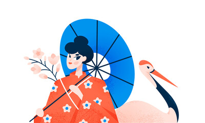 Japanese woman holding paper umbrella flat cartoon illustration. Asian traditional clothing  banner design. Geisha aesthetic background. - obrazy, fototapety, plakaty