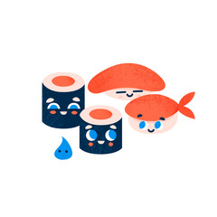 Kawaii sushi set isolated vector illustration. Japanese traditional dinner sashimi and rolls design element. 