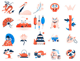 Japanese culture symbols  collection. Asian traditional signs and landmarks isolated set. Different cute kawaii oriental elements in cartoon design.