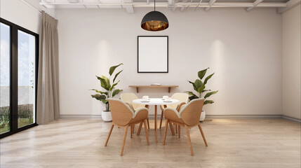 Living room with table, chair and wall frame, 3D style