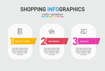 Concept of shopping process with 3 successive steps. Three colorful graphic elements. Timeline design for brochure, presentation, web site. Infographic design layout.