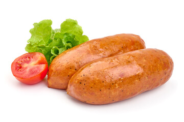 Smoked sausages, isolated on white background. High resolution image.