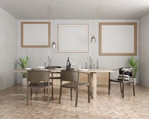 Living room with table, chair and wall frame, 3D style
