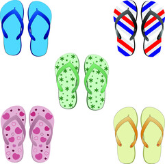 Vector set of colored slippers. Summer beach slippers. Beach shoes isolated on white background
