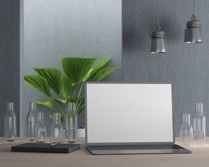 Office room with laptop on the table, 3D style.