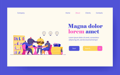 Happy office employees talking during coffee break flat vector illustration. Cartoon people smiling, eating lunch and meeting at company kitchen. Friendship and teamwork concept