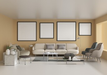 The living room is decorated with chairs, sofaand picture frames,.