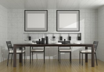 Living room with table, chair and wall frame, 3D style