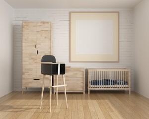 Children's mattress made of wood and picture frames on the wall.