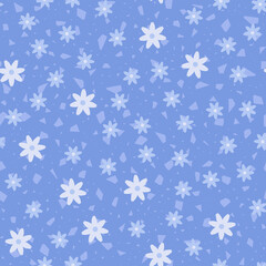 Chamomile pattern. Seamless background with white daisies on blue. Pattern for textiles, fabrics, bed linen, wallpaper. Decorative print for design with chamomile and daisies. Vector illustration