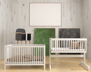 Children's mattress made of wood and picture frames on the wall.