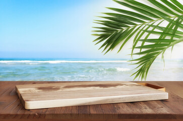 wood deck in front of sea landscape. ready for product display