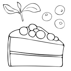 A piece of sweet cake. Cake covered with icing and berries. Vector illustration isolated on white background.