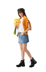 Beautiful young woman with narcissus bouquet on white background