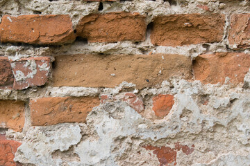 Very old brick wall of red brick. Background with copy space.