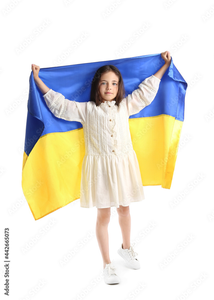 Sticker little girl with ukrainian flag on white background