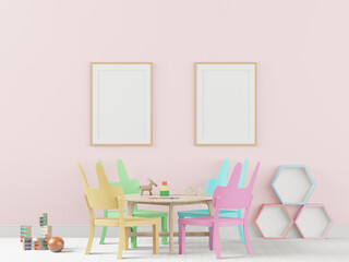 Playroom with dolls and picture frames.