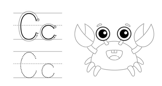 Trace the letter and picture and color it. Educational children tracing game. Coloring alphabet. Letter C and funny crab