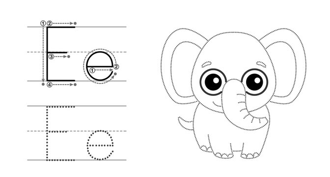 Trace the letter and picture and color it. Educational children tracing game. Coloring alphabet. Letter E and funny elephant