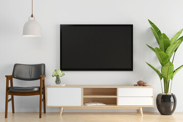 Furnished living room and wall mounted TV, 3D style.