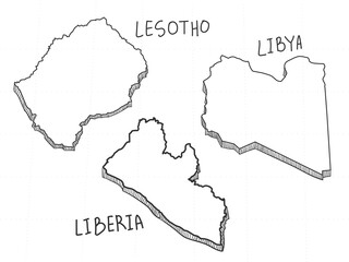 3 Africa 3D Map is composed Lesotho, Libya and Liberia. All hand drawn on white background. 