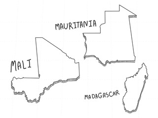 3 Africa 3D Map is composed Madagascar, Mauritania and Mali. All hand drawn on white background.