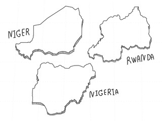 3 Africa 3D Map is composed Niger, Nigeria and Rwanda. All hand drawn on white background.