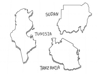 3 Africa 3D Map is composed Sudan, Tunisia and Tanzania. All hand drawn on white background. 
