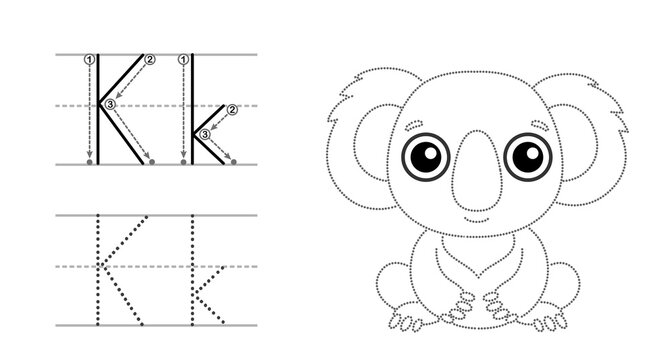 Trace the letter and picture and color it. Educational children tracing game. Coloring alphabet. Letter K and funny Koala