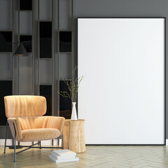 Living room with chair and wall frame.