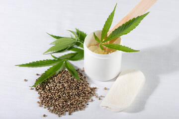 Cannabis seeds, young hemp leaves and cannabis butter on white background.