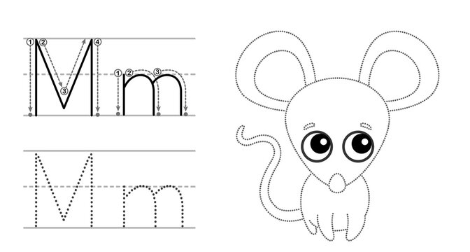 Trace the letter and picture and color it. Educational children tracing game. Coloring alphabet. Letter M and funny Mouse